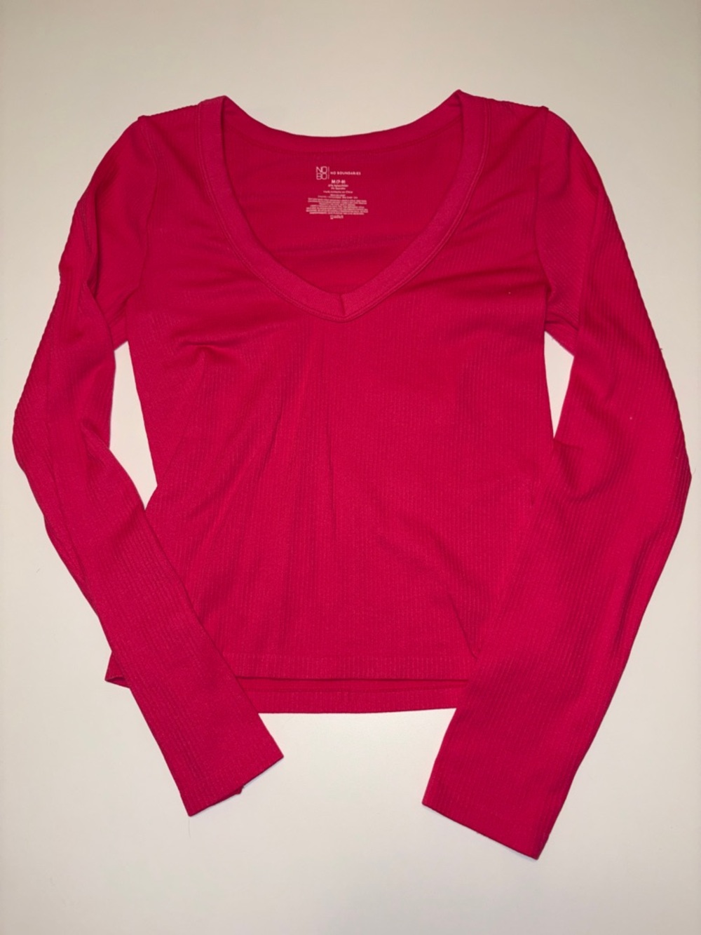 Long-Sleeve V-Neck Ribbed Top - Hot Pink